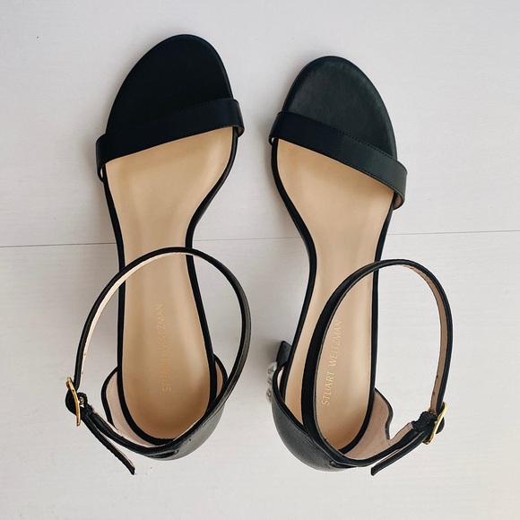 ✨New STUART WEITZMAN NearlyNude Pearl Studded Heel Leather Strappy Sandals 8B - Picture 7 of 10